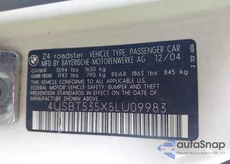 2005 BMW Z4 3.0I from USA, damaged, VIN 4USBT535X5LU09983